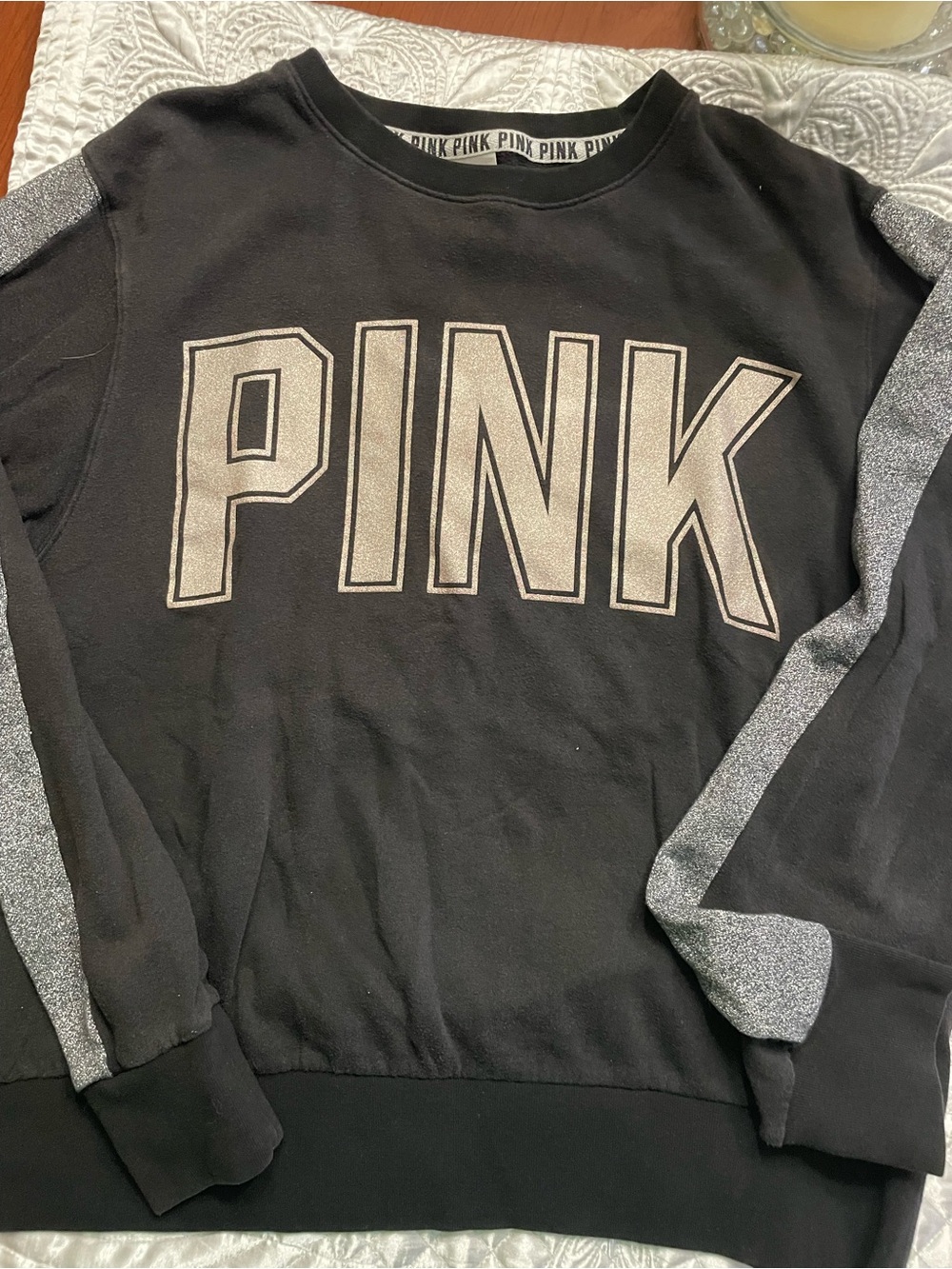 PINK Victoria's Secret Black Crewneck with Silver Glitter Logo & Sleeve Stripes
